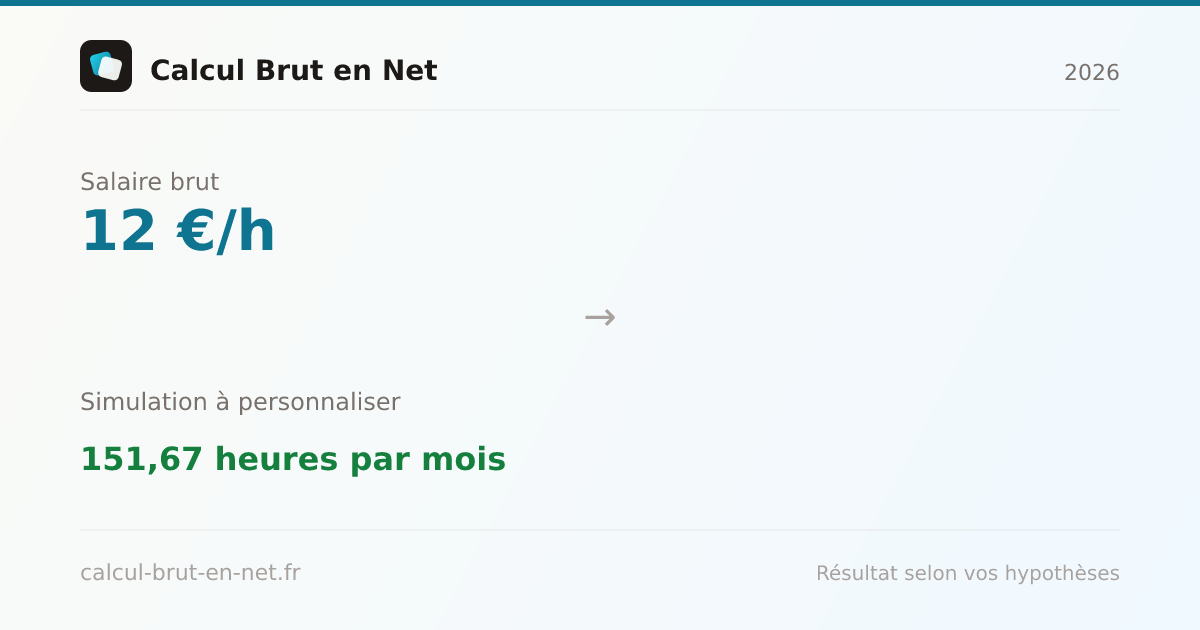 12 €/h brut en net : 9,28 € net/h (2026)